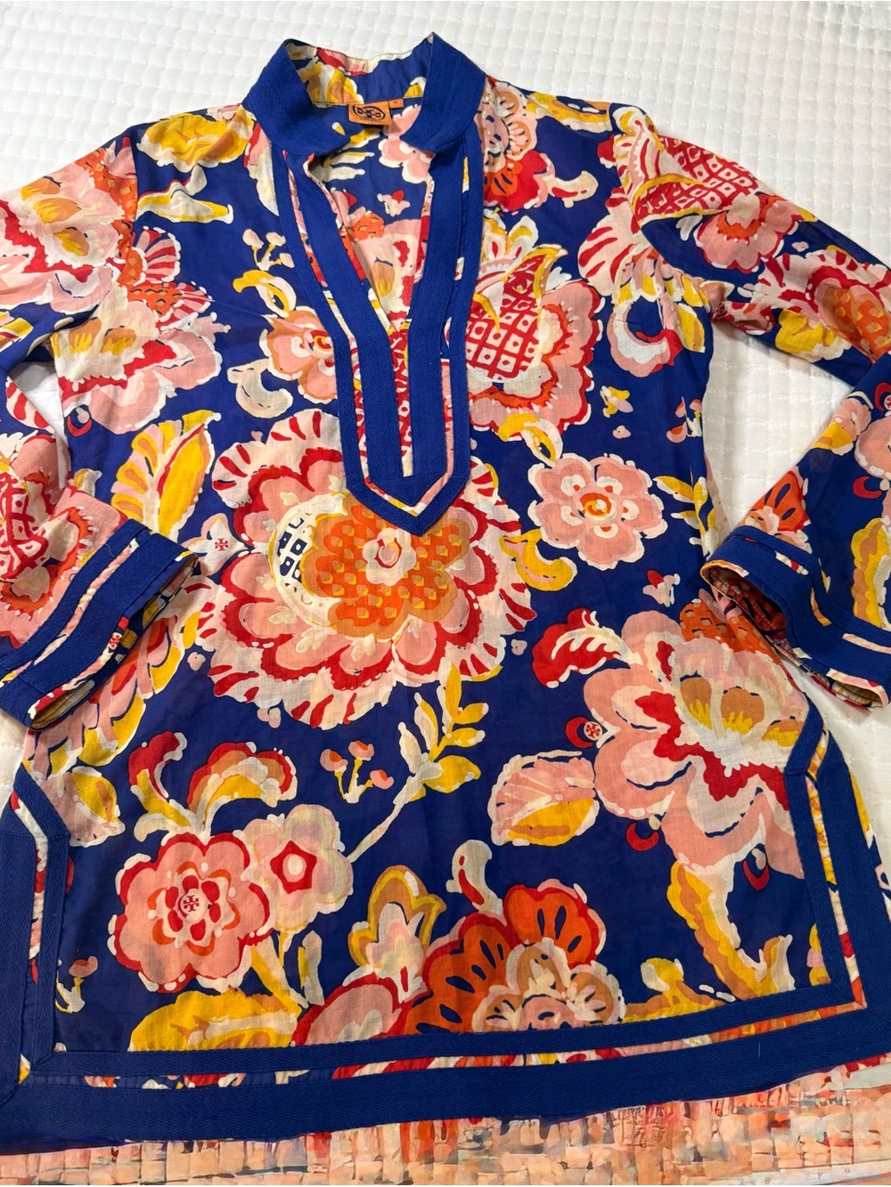 Tory Burch Blue Floral Tunic with Pink, Yellow and Orange Accents - Picture 4 of 12